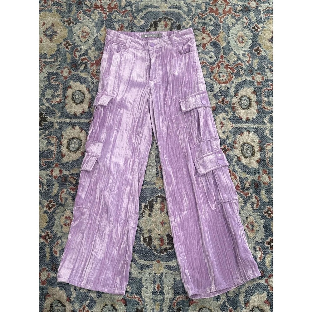 Tractr Cargo Pants Girls 7 Lavender Crushed Velvet Wide Leg EUC